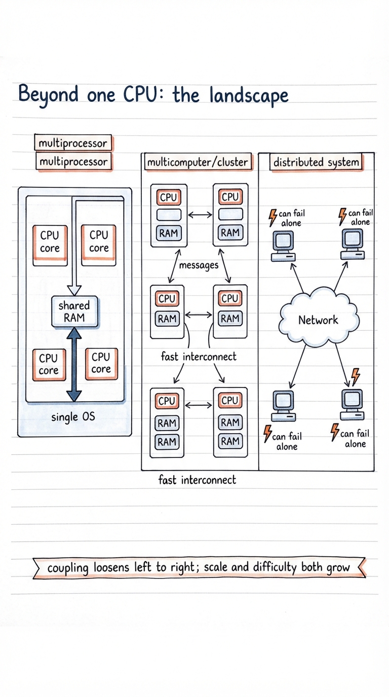 Handwritten A4 diagram: a left-to-right spectrum in three panels. Left panel "multiprocessor" — one box holding four CPU cores all wired to a single shared RAM under one OS label. Middle panel "multicomputer / cluster" — four boxes each with its own CPU and its own RAM, joined by a fast interconnect, arrows labelled "messages". Right panel "distributed system" — four separate machines drawn far apart, connected by a cloud-shaped network, each with a small lightning bolt labelled "can fail alone". A banner underneath reads "coupling loosens left to right; scale and difficulty both grow".