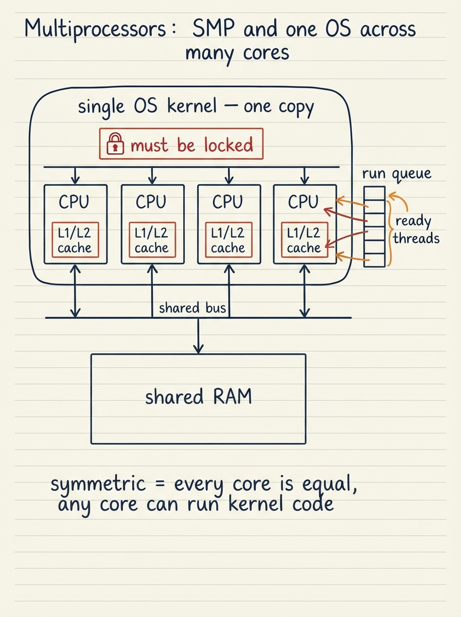 Handwritten A4 diagram: an SMP layout — four CPU cores in a row, each with its own small L1/L2 cache box, all connected downward to a single shared bus, which connects to one big shared RAM block. Above the cores, one rounded box labelled "single OS kernel — one copy". To the side, a "run queue" drawn as a list of ready threads with arrows pulling threads onto idle cores, and a red padlock icon on a shared kernel data structure labelled "must be locked". A caption: "symmetric = every core is equal, any core can run kernel code".