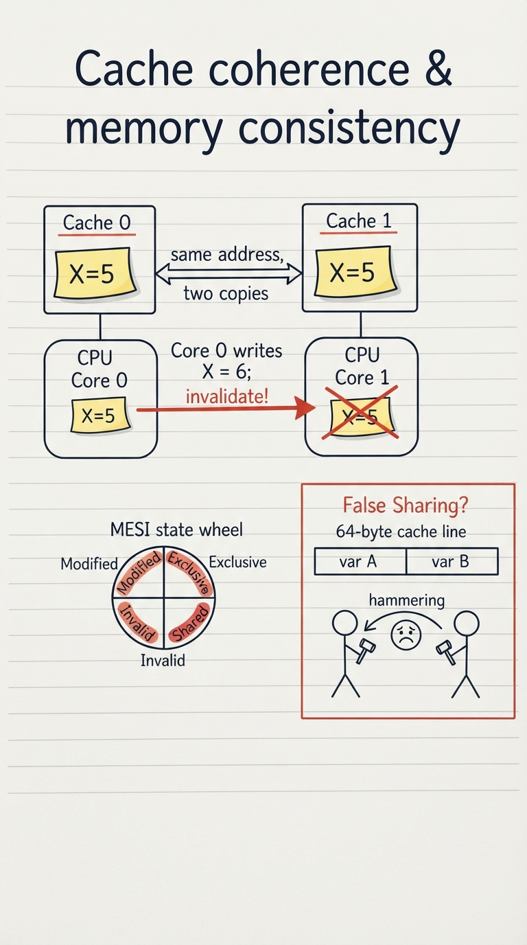 Handwritten A4 diagram: two CPU cores side by side, each with a private cache box. Both caches hold a copy of the same variable X = 5, drawn as duplicated sticky notes with a two-way arrow between them labelled "same address, two copies". Core 0 writes X = 6; a bold arrow labelled "invalidate!" shoots to Core 1’s copy, which gets crossed out. Below, a small MESI state wheel with four labels Modified / Exclusive / Shared / Invalid. To the right, a "false sharing" panel: one 64-byte cache line drawn as a long box split into two halves labelled var A and var B, two cores each hammering one half, and a ping-pong arrow bouncing the whole line back and forth with a sad face.