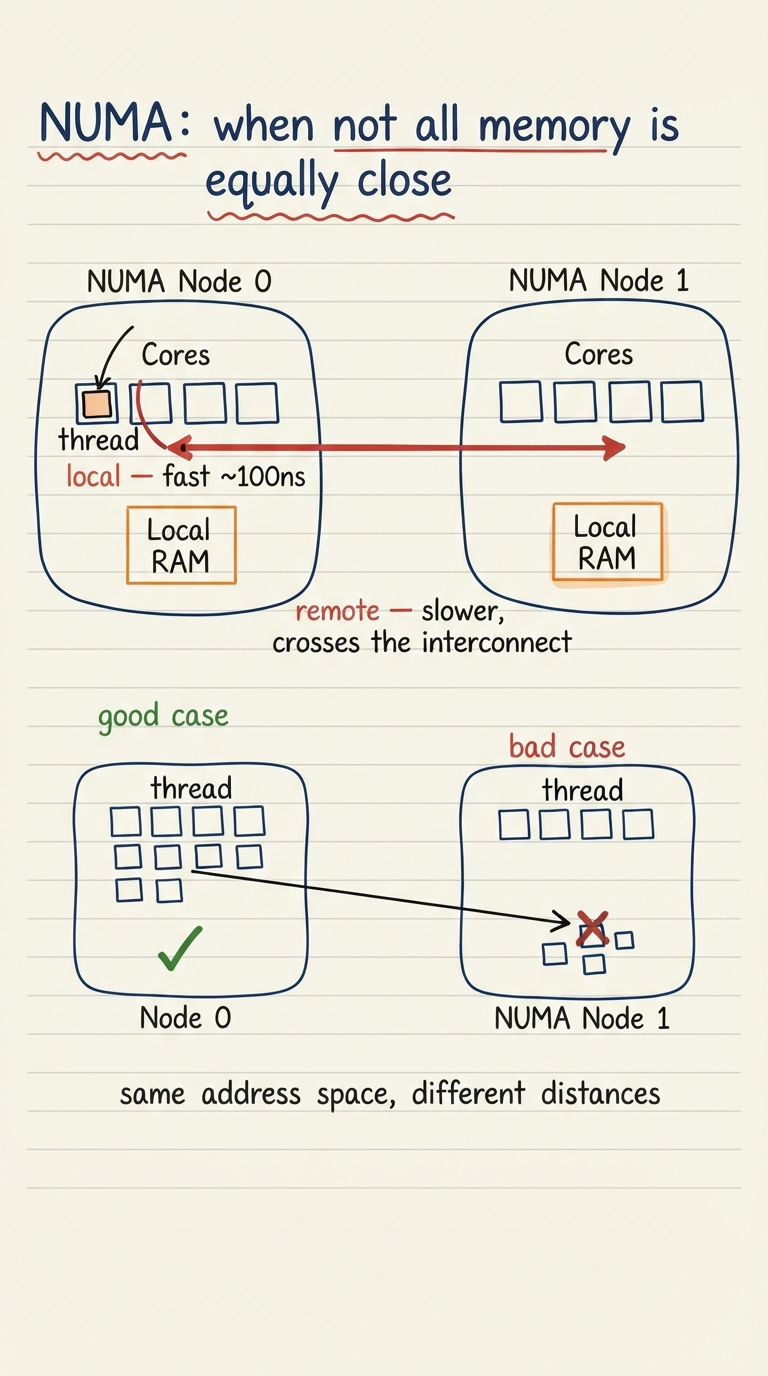 Handwritten A4 diagram: two NUMA nodes drawn as two rounded regions. Node 0 contains several cores plus a local RAM block, joined by a short thick arrow labelled "local — fast ~100ns". Node 1 likewise has cores and its own RAM. A long thin arrow crosses between the two nodes labelled "remote — slower, crosses the interconnect". A thread token sits on a Node 0 core with its memory pages drawn as small squares; a good case shows the pages on Node 0 (green check) and a bad case shows the same thread’s pages stranded on Node 1 (red cross, long arrow). Caption: "same address space, different distances".