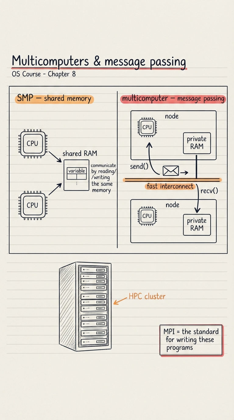 Handwritten A4 diagram: a contrast panel. Left side "SMP — shared memory" shows two cores both pointing arrows at one shared RAM box holding a variable, labelled "communicate by reading/writing the same memory". Right side "multicomputer — message passing" shows two separate boxes, each with its own CPU and its own private RAM, joined by a fast interconnect; an envelope icon travels along the link with send() leaving one box and recv() catching it at the other. Below, a rack of many such nodes labelled "HPC cluster", and a small note "MPI = the standard for writing these programs".