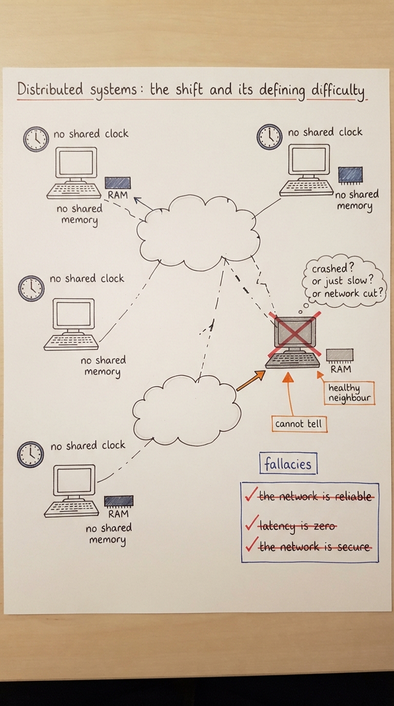 Handwritten A4 diagram: several independent machines drawn as separate computers, spread out and joined by a lossy cloud-shaped network with a few dashed, broken links. Each machine has its own little wall clock showing a slightly different time (no shared clock) and its own RAM (no shared memory). One machine is greyed out with an X and a question mark bubble reading "crashed? or just slow? or network cut?" pointing from a healthy neighbour that cannot tell. A side list titled "fallacies" with three ticked-off myths: "the network is reliable", "latency is zero", "the network is secure", each struck through.