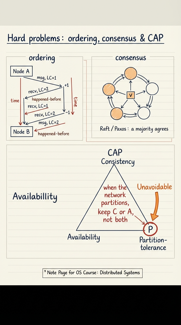 Handwritten A4 diagram: three linked panels. Left "ordering" — two nodes exchanging messages with Lamport logical-clock counters incrementing on each send/receive, arrows showing "happened-before". Middle "consensus" — five node circles voting, a majority of three shaded and joined to agree on a single value, labelled "Raft / Paxos: a majority agrees". Right "CAP" — a large triangle with vertices labelled Consistency, Availability, Partition-tolerance, and a note "when the network partitions, keep C or A, not both" with the P vertex circled as unavoidable.