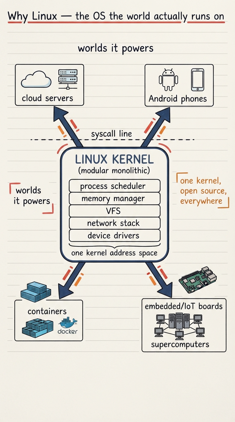 Handwritten A4 diagram: a central Linux kernel box (modular monolithic — process scheduler, memory manager, VFS, network stack, device drivers all inside one kernel address space) with a dashed syscall line above it; fanning out from the kernel, labelled arrows to five worlds it powers — cloud servers, Android phones, embedded/IoT boards, supercomputers, and containers — with a side note "one kernel, open source, everywhere".