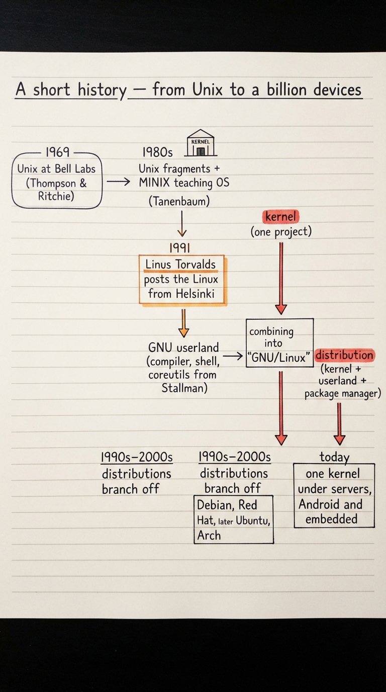 Handwritten A4 timeline running left to right: 1969 Unix at Bell Labs (Thompson & Ritchie) → 1980s Unix fragments + MINIX teaching OS (Tanenbaum) → 1991 Linus Torvalds posts the Linux kernel from Helsinki → GNU userland (compiler, shell, coreutils from Stallman) combining into "GNU/Linux" → 1990s–2000s distributions branch off (Debian, Red Hat, later Ubuntu, Arch) → today one kernel under servers, Android and embedded; a callout separates "kernel (one project)" from "distribution (kernel + userland + package manager)".