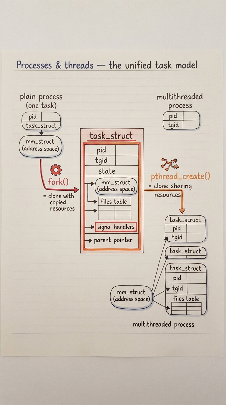 Handwritten A4 diagram: a single task_struct box with fields drawn out (pid, tgid, state, pointer to mm_struct address space, pointer to files table, pointer to signal handlers, parent pointer); to the left a plain process (one task, its own mm_struct); to the right a multithreaded process (three task_struct boxes sharing one mm_struct and one files table via clone), each with its own pid but the same tgid; arrows labelled fork() = clone with copied resources, and pthread_create() = clone sharing resources.