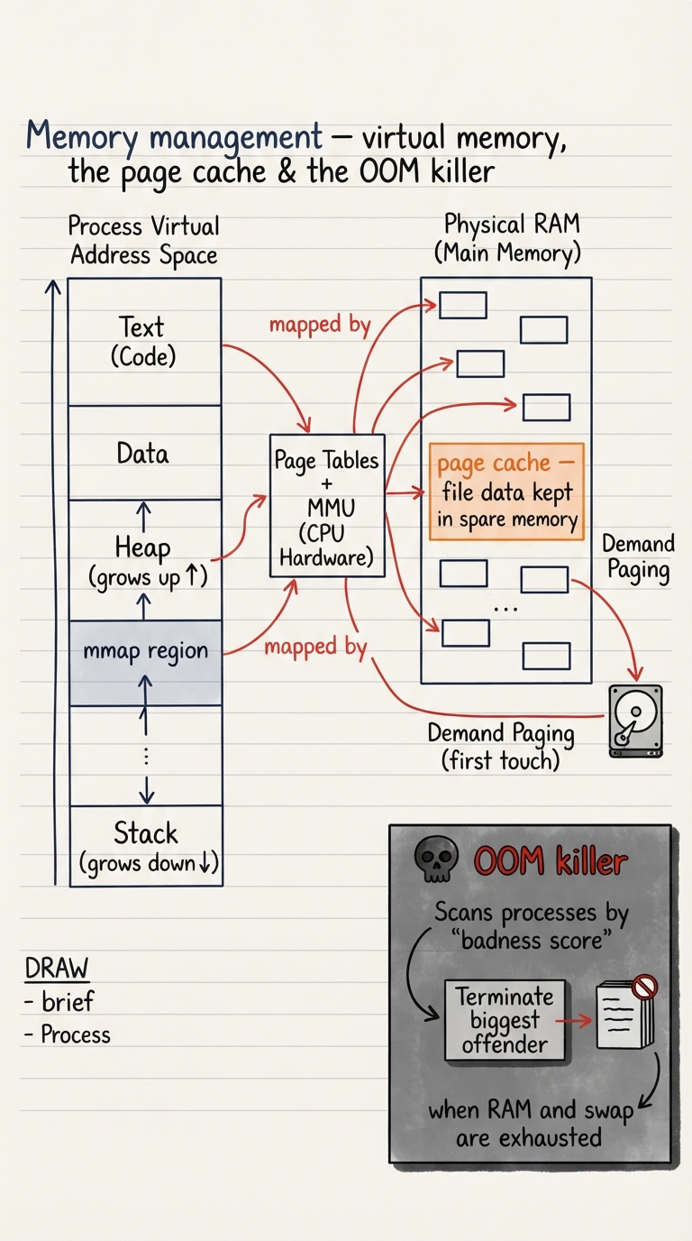 Handwritten A4 diagram: a process virtual address space (text, data, heap growing up, mmap region, stack growing down) mapped by page tables + MMU onto scattered physical frames; a large block of physical RAM labelled "page cache — file data kept in spare memory"; a demand-paging arrow showing a page fault pulling a page from disk on first touch; and in the corner a grim "OOM killer" box scanning processes by a badness score and terminating the biggest offender when RAM and swap are exhausted.