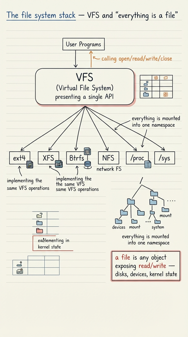 Handwritten A4 diagram: at the top user programs calling open/read/write/close; below them one box labelled VFS (Virtual File System) presenting a single API; below VFS a fan-out to many concrete file systems — ext4, XFS, Btrfs, a network FS (NFS), tmpfs, and the virtual /proc and /sys — each implementing the same VFS operations; to the side a directory tree rooted at / with everything mounted into one namespace, and a note "a file is any object exposing read/write — disks, devices, kernel state".