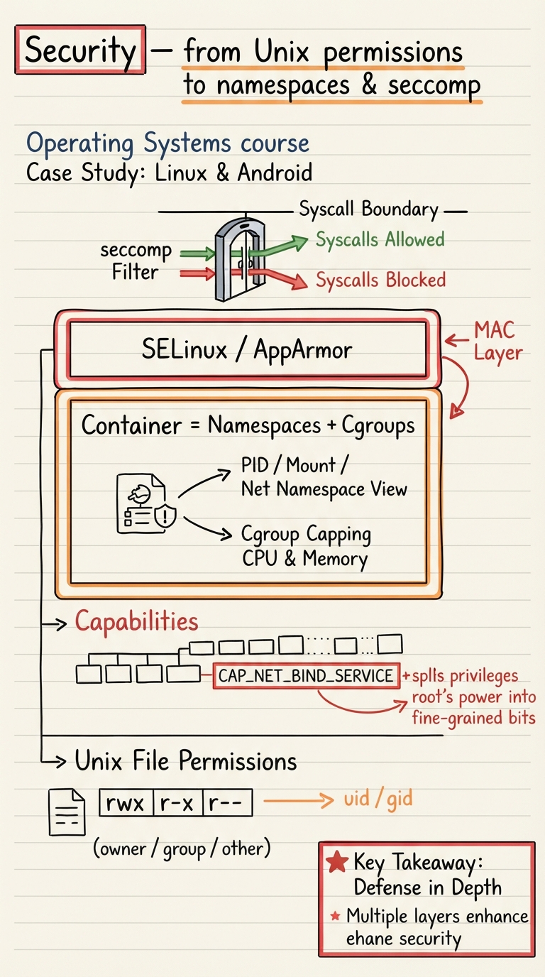 Handwritten A4 diagram: layered security model. Bottom layer classic Unix rwx permissions on a file (owner/group/other) plus a uid/gid; next layer capabilities splitting root’s power into fine-grained bits (CAP_NET_BIND_SERVICE etc.); next layer a box labelled "container = namespaces + cgroups" showing a process with its own PID/mount/net namespace view and a cgroup capping its CPU and memory; a MAC layer labelled SELinux/AppArmor wrapping it; and a seccomp filter drawn as a gate in front of the syscall boundary allowing some syscalls through and blocking others.
