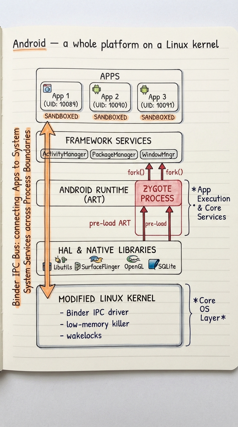 Handwritten A4 stack diagram of Android: at the base a modified Linux kernel (with added Binder IPC driver, low-memory killer, wakelocks); above it a HAL and native libraries; above that the Android runtime ART; then the framework services; then apps at the top — each app drawn in its own sandbox tagged with a unique UID; a zygote process shown pre-loading the runtime and then fork()ing to launch each app fast; Binder drawn as the IPC bus connecting an app to system services across process boundaries.