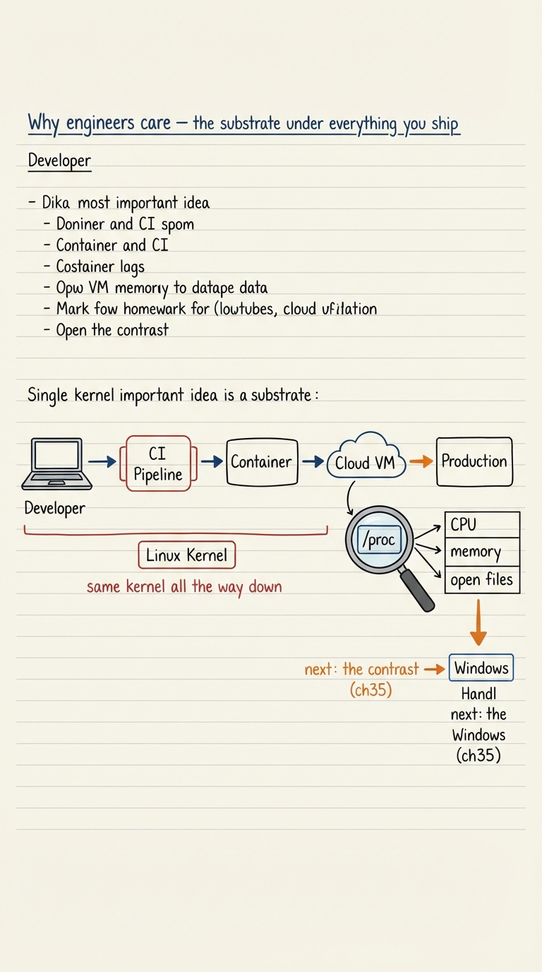 Handwritten A4 diagram: a developer’s laptop pushing to a CI pipeline, to a container, to a cloud VM, to production — every stage drawn sitting on the same small Linux kernel box, captioned "same kernel all the way down"; a magnifying glass over /proc revealing per-process CPU, memory and open files; and a forward arrow to a Windows box labelled "next: the contrast (ch35)".