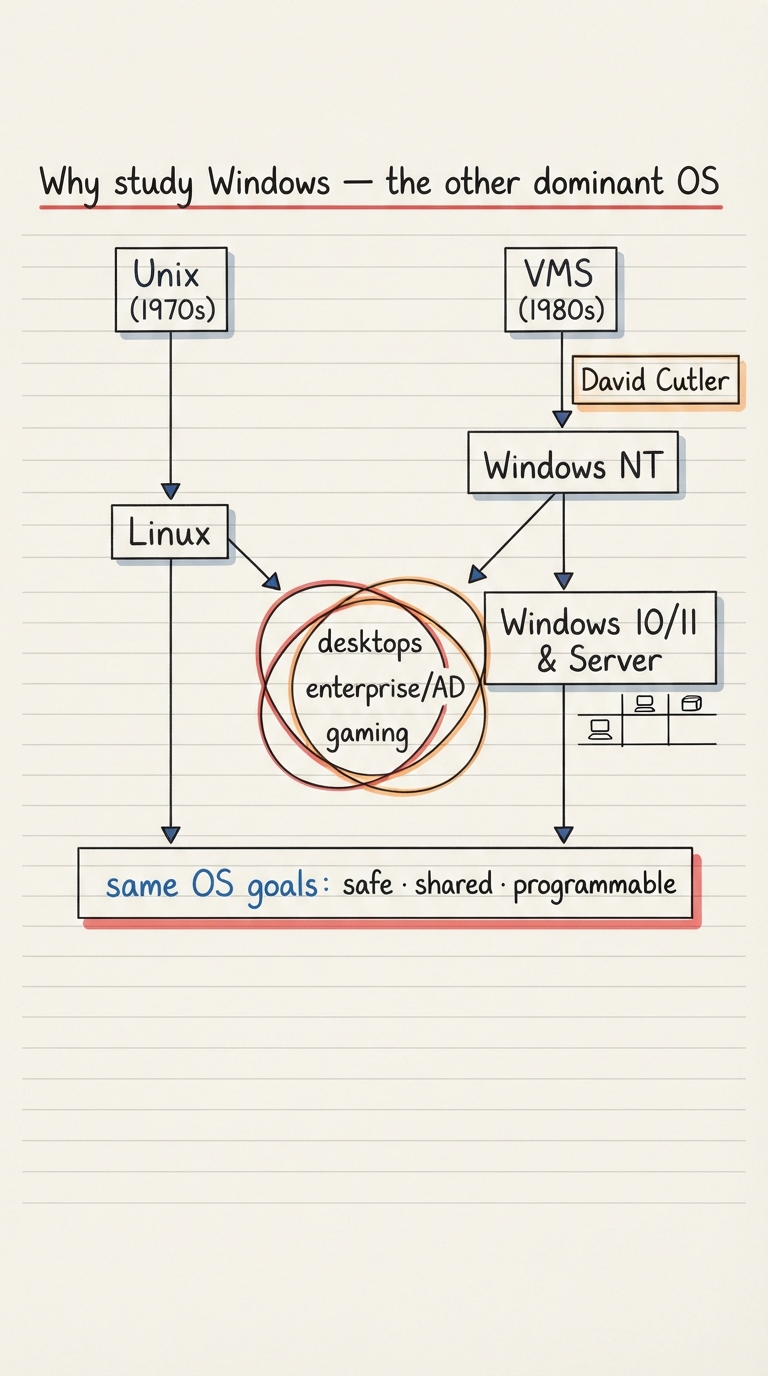 Handwritten A4 diagram: two family trees drawn side by side — on the left "Unix (1970s) → Linux", on the right "VMS (1980s) → Windows NT → Windows 10/11 & Server", with David Cutler labelled at the NT root; both trees drop down into a shared box labelled "same OS goals: safe · shared · programmable"; a Venn-style overlap in the middle lists desktops, enterprise/AD, and gaming.