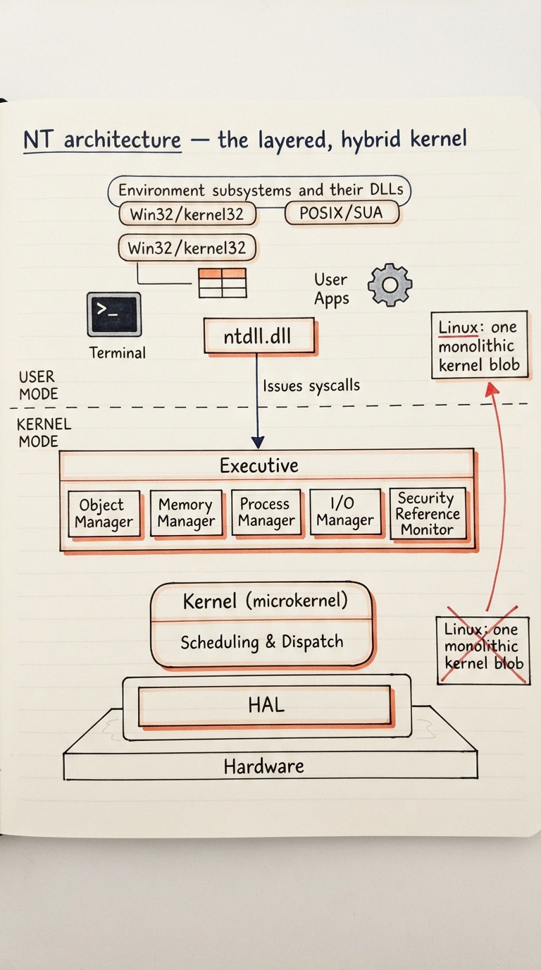 Handwritten A4 layered diagram of the NT architecture: a horizontal dashed user/kernel line across the middle. Above it (user mode): environment subsystems and their DLLs (Win32/kernel32, plus a POSIX/SUA box), user apps, and the ntdll.dll box that issues syscalls. Below it (kernel mode): the Executive as a wide band containing labelled components (Object Manager, Memory Manager, Process Manager, I/O Manager, Security Reference Monitor), the microkernel ("Kernel") beneath it handling scheduling and dispatch, and the HAL at the very bottom sitting directly on the hardware. A side arrow contrasts a small "Linux: one monolithic kernel blob" box.