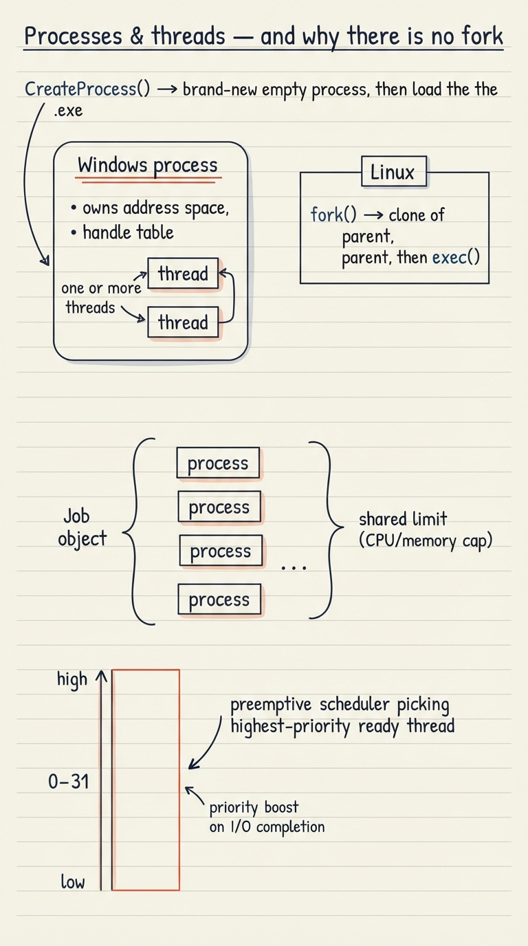 Handwritten A4 diagram: on the left a Windows process box (owns address space, handle table, and one or more thread boxes) with an arrow "CreateProcess() → brand-new empty process, then load the .exe". On the right, contrasted, a Linux box "fork() → clone of parent, then exec()". Below, a job-object bracket grouping several process boxes with a shared limit label (CPU/memory cap). At the bottom, a priority ladder 0–31 with an arrow showing the preemptive scheduler picking the highest-priority ready thread, and a small note "priority boost on I/O completion".