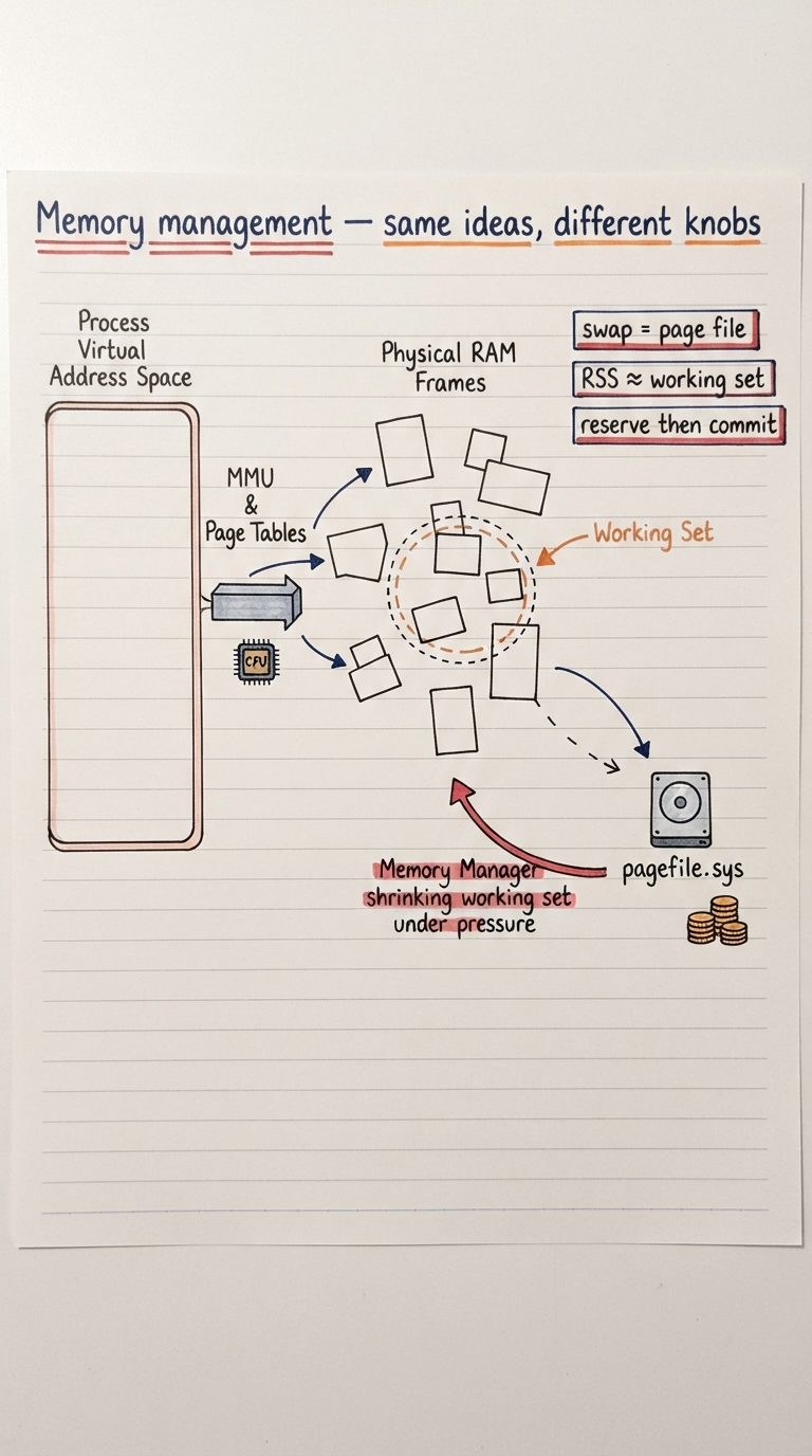 Handwritten A4 diagram: a process’s virtual address space on the left mapped by the MMU/page tables onto scattered physical RAM frames in the middle, with cold pages spilling out to a "pagefile.sys" box on disk at the right. A dashed ring around a subset of the process’s resident pages is labelled "working set". Small annotations map Linux terms to Windows terms with an equals sign: "swap = page file", "RSS ≈ working set", "reserve then commit". A trim arrow shows the Memory Manager shrinking a working set under pressure.
