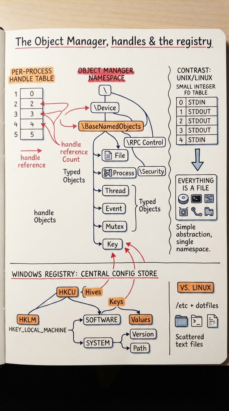 Handwritten A4 diagram: on the left a per-process handle table (a numbered list of handle values) whose rows point via arrows into a central "Object Manager namespace" drawn as a tree (\Device, \BaseNamedObjects, etc.) holding typed object boxes — File, Process, Thread, Event, Mutex, Key. A contrast panel on the right shows Unix: a small integer fd table where "everything is a file". Bottom strip: the registry drawn as a tree of hives (HKLM, HKCU) with keys and values, labelled "central config store" versus a Linux "/etc + dotfiles" box.