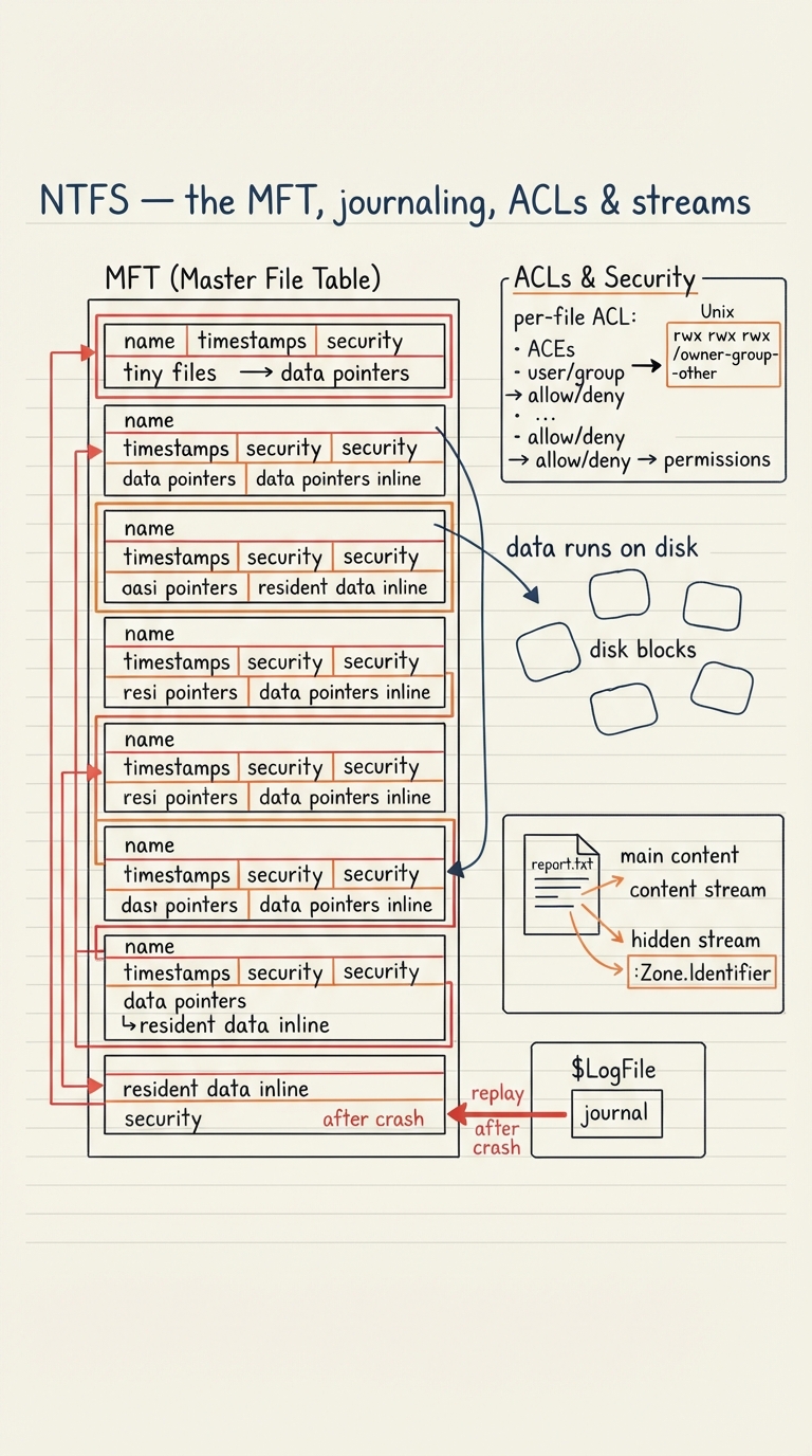 Handwritten A4 diagram of NTFS internals: a large table labelled "MFT (Master File Table)" with one row per file, each row an MFT record holding attributes (name, timestamps, security, and either data pointers or, for tiny files, resident data inline). An arrow from a record points to scattered data runs on disk. A side box shows a per-file ACL — a list of ACEs (user/group → allow/deny → permissions) contrasted with a small Unix "rwx rwx rwx / owner-group-other" box. Another callout shows a file with alternate data streams: "report.txt" plus a hidden ":Zone.Identifier" stream. A journal box (the $LogFile) sits to the side with a "replay after crash" arrow.