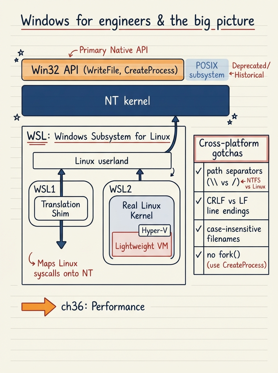 Handwritten A4 diagram: at the top, two API bands over the NT kernel — a wide "Win32 API (WriteFile, CreateProcess)" band and a narrow, faded, historical "POSIX subsystem" band. Below, a WSL panel: WSL1 drawn as a translation-shim box mapping Linux syscalls onto NT, next to WSL2 drawn as a real Linux kernel running in a lightweight VM via Hyper-V, both giving a Linux userland on Windows. A cross-platform gotchas checklist on the right: path separators (\ vs /), CRLF vs LF line endings, case-insensitive filenames, no fork. A forward arrow at the bottom points to "ch36: Performance".