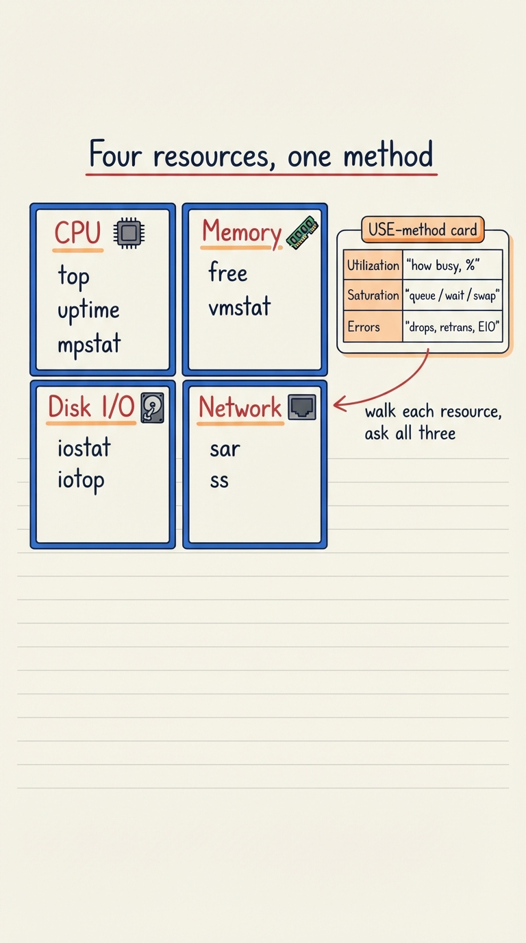 Handwritten A4 diagram: a 2x2 grid of the four machine resources — CPU, Memory, Disk I/O, Network — each cell listing its Linux tools (CPU: top/uptime/mpstat; Memory: free/vmstat; Disk: iostat/iotop; Network: sar/ss). Beside it a small USE-method card with three rows — Utilization ("how busy, %"), Saturation ("queue / wait / swap"), Errors ("drops, retrans, EIO") — and an arrow labelled "walk each resource, ask all three".