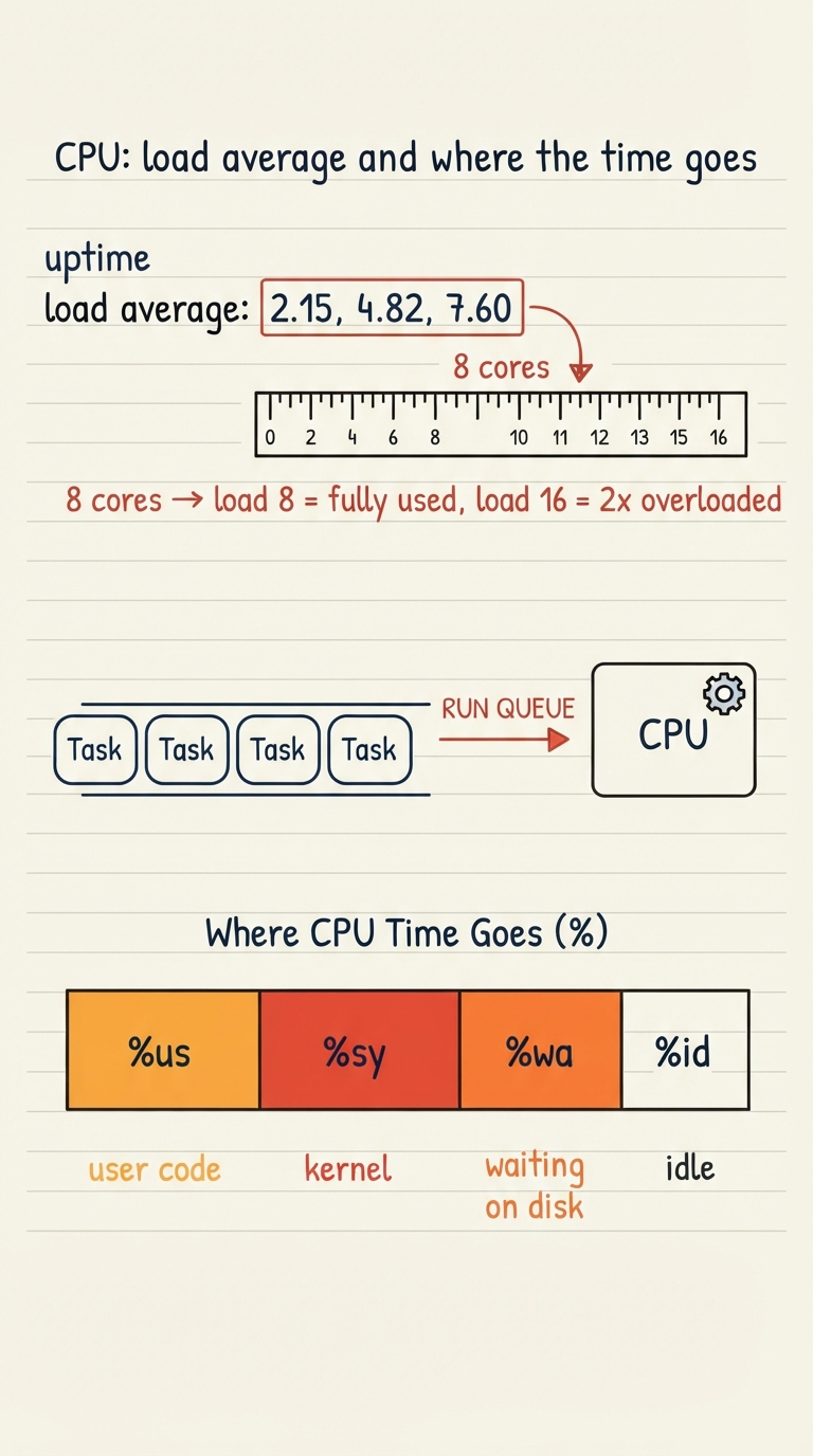 Handwritten A4 diagram: top of the page shows "uptime" output with the three load-average numbers circled and an arrow to a core-count ruler ("8 cores → load 8 = fully used, load 16 = 2x overloaded"). Below, a run queue drawn as tasks lined up behind one CPU (callback to scheduler chapter). At the bottom, a bar split into %us / %sy / %wa / %id with each slice annotated: user code, kernel, waiting on disk, idle.