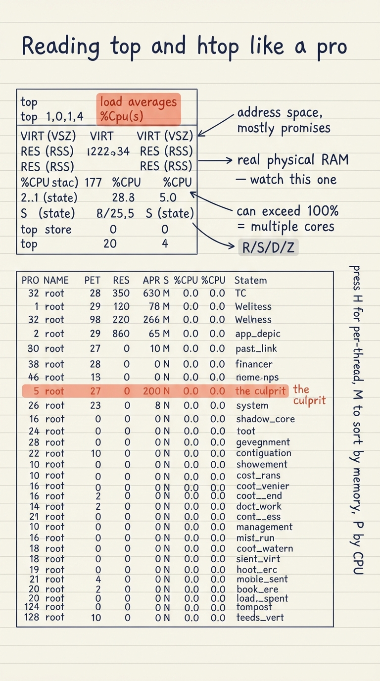 Handwritten A4 diagram: a full "top" screen drawn by hand and annotated — the load line and %Cpu(s) line at the top boxed, then the process table with arrows to key columns: VIRT (VSZ) labelled "address space, mostly promises", RES (RSS) labelled "real physical RAM — watch this one", %CPU labelled "can exceed 100% = multiple cores", S (state) with a legend R/S/D/Z, and one runaway row highlighted as "the culprit". A side note: press H for per-thread, M to sort by memory, P by CPU.