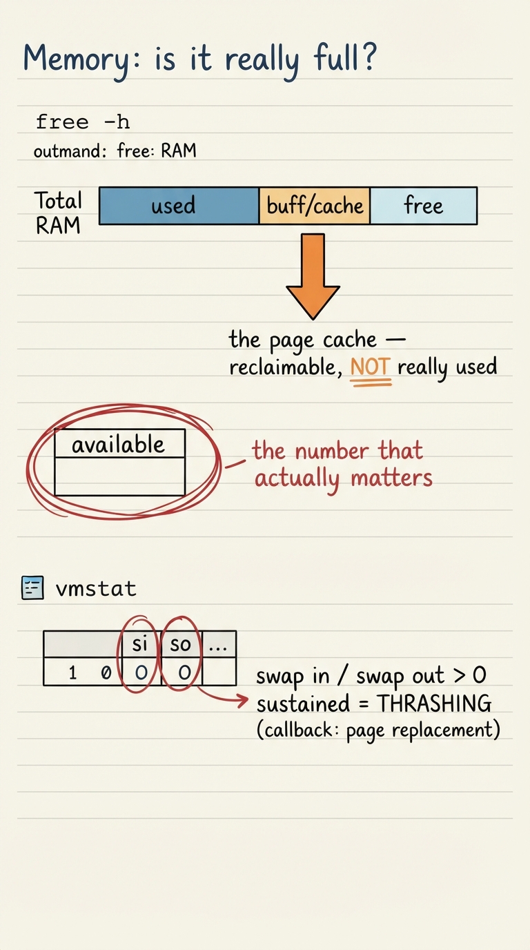 Handwritten A4 diagram: "free -h" output drawn as a horizontal bar of total RAM split into used, buff/cache, and free, with a big arrow from buff/cache down to the label "the page cache — reclaimable, NOT really used". A separate boxed "available" figure is circled as "the number that actually matters". Below, a vmstat strip with the si and so columns circled in red and labelled "swap in / swap out > 0 sustained = THRASHING (callback: page replacement)".