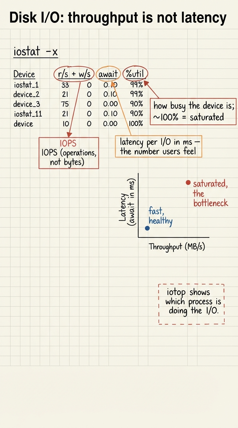 Handwritten A4 diagram: "iostat -x" table drawn out with three columns circled and annotated — r/s + w/s labelled "IOPS (operations, not bytes)", await labelled "latency per I/O in ms — the number users feel", and %util labelled "how busy the device is; ~100% = saturated". A small graph contrasts two devices: one at high MB/s but low await ("fast, healthy"), one at low MB/s but 90ms await and 99% util ("saturated, the bottleneck"). Corner note: iotop shows which process is doing the I/O.