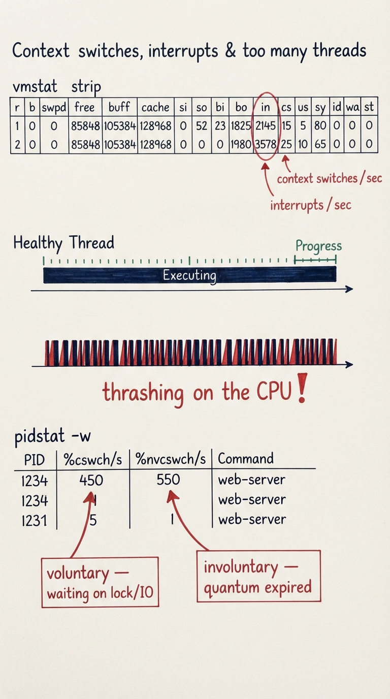 Handwritten A4 diagram: vmstat strip with the "cs" and "in" columns circled and labelled "context switches / sec" and "interrupts / sec". Below, two thread timelines — one making steady progress, one chopped into tiny slivers by constant switching, labelled "thrashing on the CPU". A "pidstat -w" mini-table splits cswch/s (voluntary — waiting on lock/IO) from nvcswch/s (involuntary — quantum expired) with arrows: "lots of voluntary = lock contention", "lots of involuntary = too many runnable threads".
