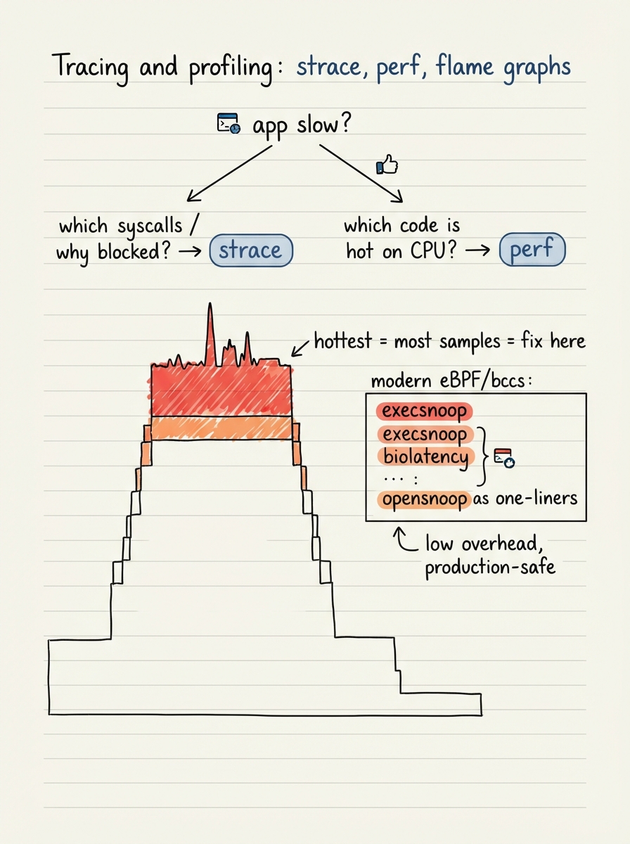 Handwritten A4 diagram: a decision tree at the top — "app slow?" branching to "which syscalls / why blocked? → strace" and "which code is hot on CPU? → perf". Below, a hand-drawn flame graph: a wide base frame with stacked narrower frames above, the widest top plateau shaded and labelled "hottest = most samples = fix here". A side box lists modern eBPF/bcc one-liners (execsnoop, biolatency, opensnoop) tagged "low overhead, production-safe".