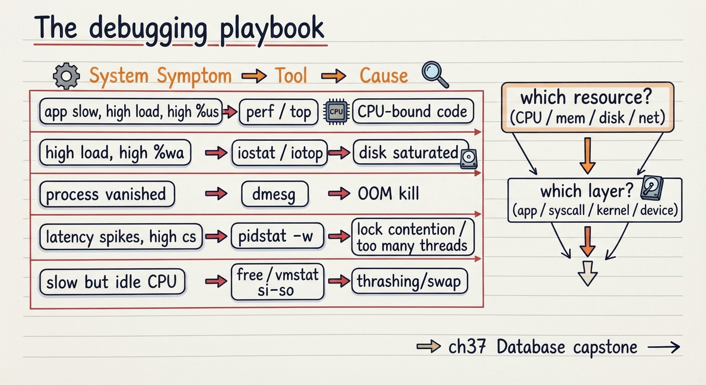 Handwritten A4 diagram: a large symptom→tool→cause table with rows — "app slow, high load, high %us → perf/top → CPU-bound code"; "high load, high %wa → iostat/iotop → disk saturated"; "process vanished → dmesg → OOM kill"; "latency spikes, high cs → pidstat -w → lock contention / too many threads"; "slow but idle CPU → free/vmstat si-so → thrashing/swap". Beside it, a decision funnel: "which resource? (CPU/mem/disk/net) → which layer? (app / syscall / kernel / device)". A footer arrow points to "→ ch37 Database capstone".