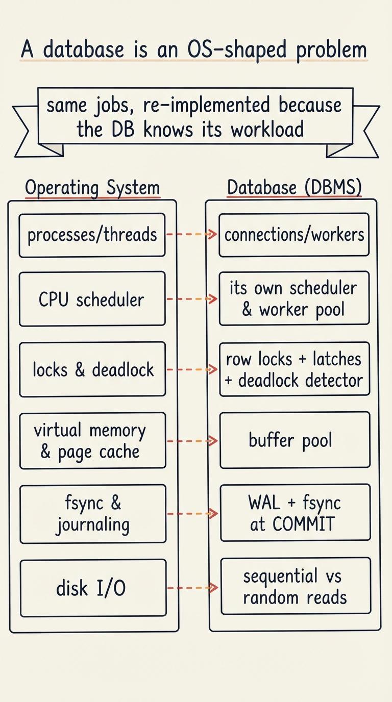 Handwritten A4 diagram: two mirrored columns. Left column "Operating System" lists processes/threads, CPU scheduler, locks & deadlock, virtual memory & page cache, fsync & journaling, disk I/O. Right column "Database (DBMS)" lists the matching pair for each — connections/workers, its own scheduler & worker pool, row locks + latches + deadlock detector, buffer pool, WAL + fsync at COMMIT, sequential vs random reads. Dashed arrows connect each OS box to its DB twin, and a banner across the top reads "same jobs, re-implemented because the DB knows its workload".