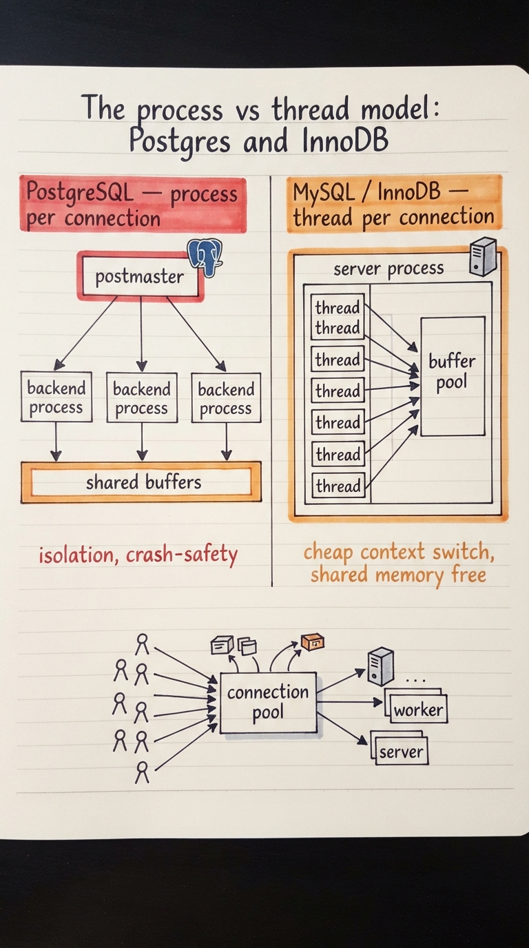 Handwritten A4 diagram: left half "PostgreSQL — process per connection" shows a postmaster box forking one backend process per client, all pointing at a central shared-memory segment labelled "shared buffers"; right half "MySQL / InnoDB — thread per connection" shows one server process with many threads inside sharing the same address space and buffer pool. Below, a small "connection pool" box sits between many clients and a few server workers, capping the count. Callouts: "isolation, crash-safety" under Postgres, "cheap context switch, shared memory free" under InnoDB.
