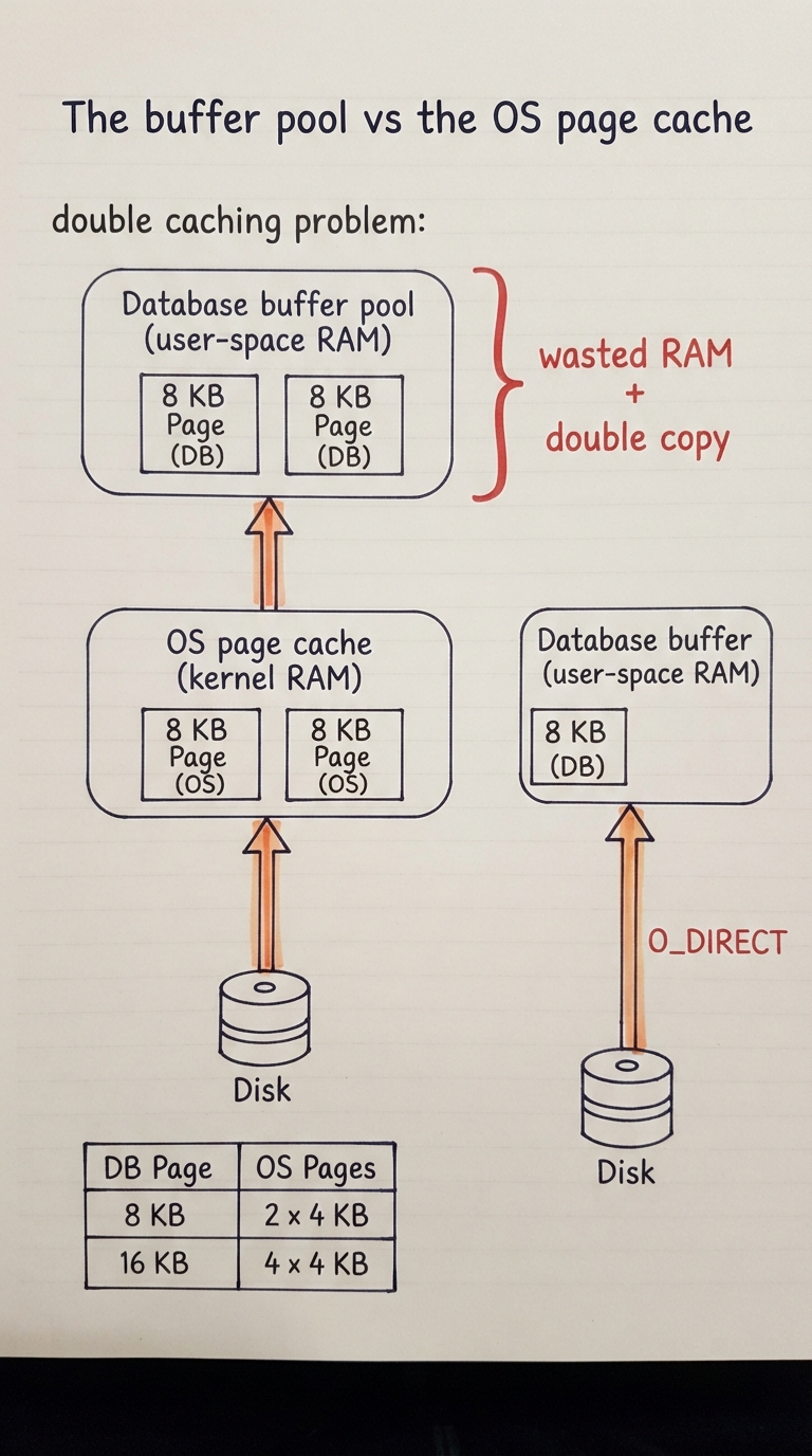Handwritten A4 diagram showing the "double caching" problem: a disk block travels up through the kernel and is copied first into the OS page cache (kernel RAM box), then copied again into the database buffer pool (user-space RAM box) — the same 8 KB page now living in memory twice, with a red bracket labelled "wasted RAM + double copy". Beside it, an alternate arrow labelled "O_DIRECT" skips the page cache entirely, going straight from disk into the buffer pool. A small table maps DB page (8 KB / 16 KB) onto OS pages (4 KB).