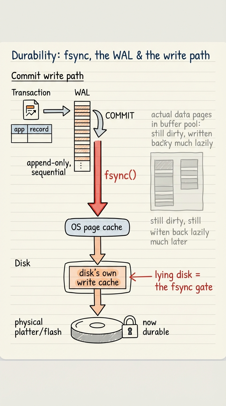 Handwritten A4 diagram of the commit write path. Left: a transaction appends a compact record to the WAL — a sequential log file drawn as stacked strips growing downward, labelled "append-only, sequential". A COMMIT triggers an fsync arrow that pushes the log all the way down through the OS page cache and the disk’s own write cache to the physical platter/flash, with a padlock labelled "now durable". Right, greyed out: the actual data pages in the buffer pool are still dirty and get written back lazily much later. A red note points at the disk cache: "lying disk = the fsync gate".