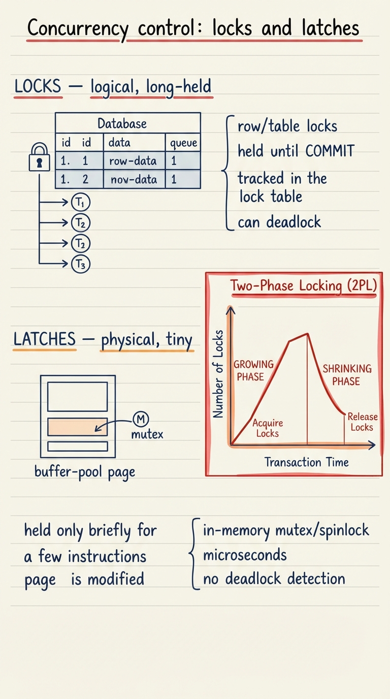 Handwritten A4 diagram splitting two things students conflate. Top row "LOCKS — logical, long-held": a row in a table with a padlock held for the whole transaction, a queue of other transactions waiting, tagged "row/table locks, held until COMMIT, tracked in the lock table, can deadlock". Bottom row "LATCHES — physical, tiny": a buffer-pool page guarded by a short mutex held for a few instructions while the page is modified, tagged "in-memory mutex/spinlock, microseconds, no deadlock detection". A two-phase-locking graph beside it shows locks only acquired in a growing phase then only released in a shrinking phase.