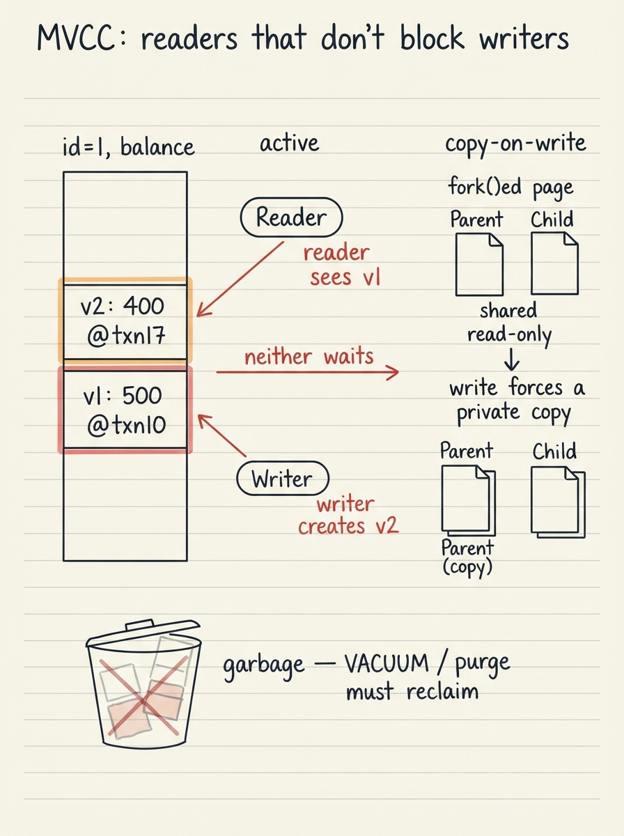 Handwritten A4 diagram of multi-version concurrency control. A single logical row "id=1, balance" is drawn as a stack of versions each stamped with a transaction id (v1: 500 @txn10, v2: 400 @txn17). A writer creates a new version while an older reader still points at the previous version, with two arrows showing "reader sees v1, writer creates v2, neither waits". Beside it a copy-on-write analogy: a fork()ed page shared read-only until a write forces a private copy. At the bottom, a bin of dead old versions labelled "garbage — VACUUM / purge must reclaim".