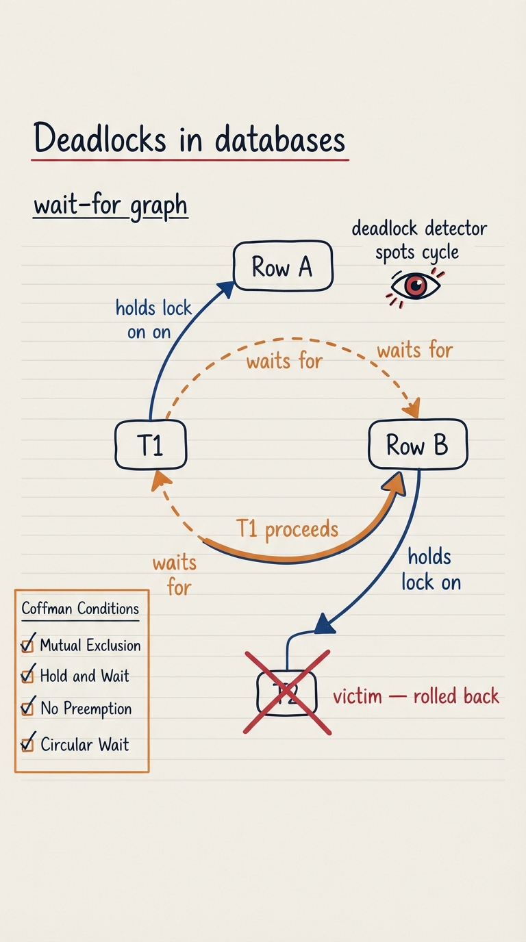 Handwritten A4 wait-for graph: transaction T1 holds a lock on row A and points an arrow "waits for" to row B held by T2; T2 holds row B and points "waits for" back to row A held by T1 — a two-node cycle drawn as a loop. The database’s deadlock detector is drawn as an eye spotting the cycle; a red X crosses out T2 with the label "victim — rolled back", breaking the loop so T1 proceeds. Margin note lists the four Coffman conditions ticked off.
