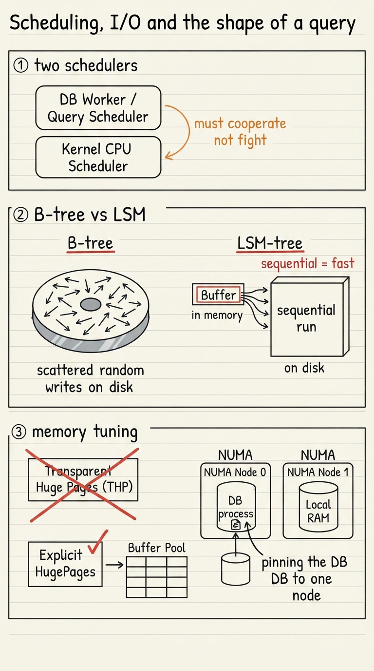Handwritten A4 diagram in three panels. Panel 1 "two schedulers": the DB’s own worker/query scheduler stacked above the kernel CPU scheduler, an arrow noting they must cooperate not fight. Panel 2 "B-tree vs LSM": left a B-tree doing scattered random writes on disk (many little arrows all over a platter), right an LSM-tree buffering writes in memory then flushing one big sequential run, tagged "sequential = fast". Panel 3 "memory tuning": boxes for transparent huge pages crossed out (THP off), explicit HugePages ticked for the buffer pool, and a NUMA node diagram pinning the DB to one node’s local RAM.