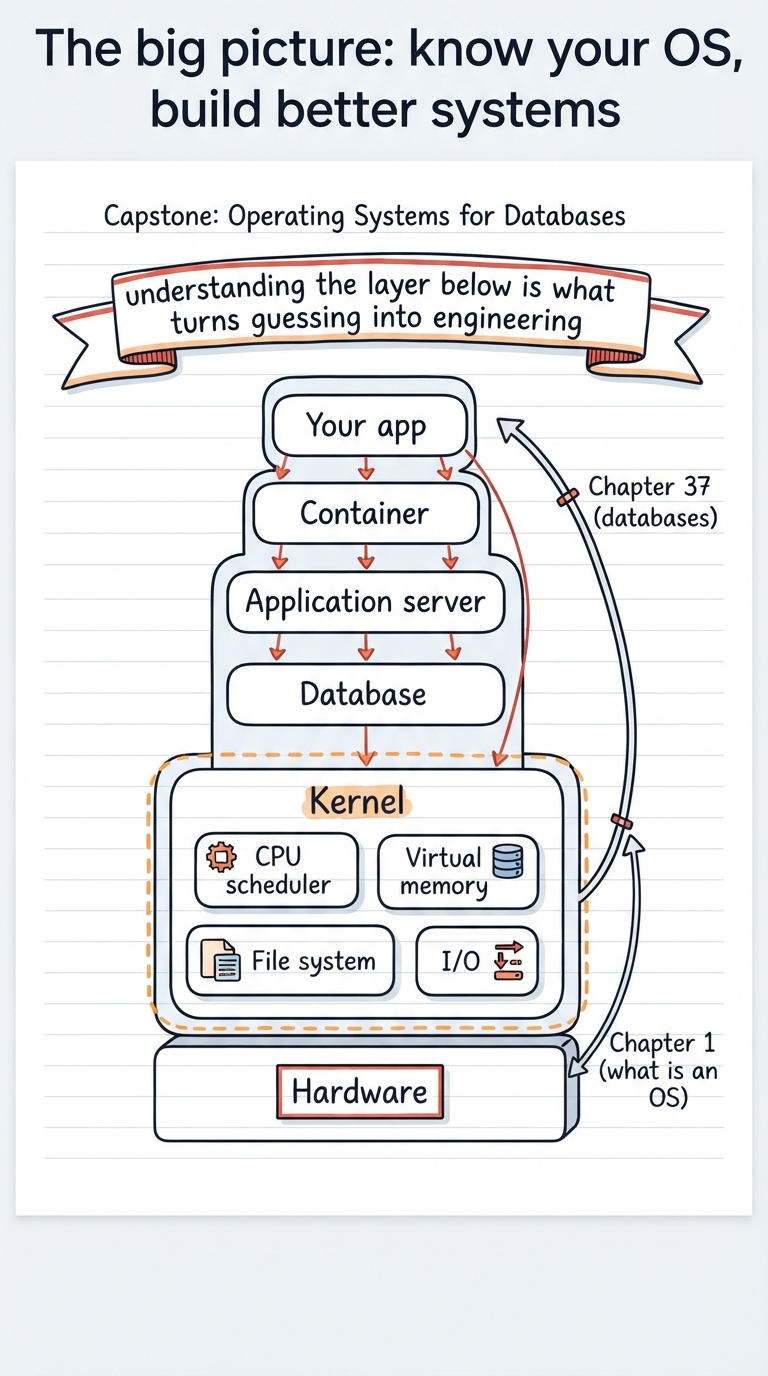 Handwritten A4 closing diagram: a layered stack drawn as a tower — hardware at the base, then the kernel (CPU scheduler, virtual memory, file system, I/O), then the database, then the application server, then a container, then your app at the top. Every upper layer has a small arrow reaching down to the OS mechanism it rides on. Across the top a banner: "understanding the layer below is what turns guessing into engineering". A path along the side retraces the journey from Chapter 1 (what is an OS) up to Chapter 37 (databases).