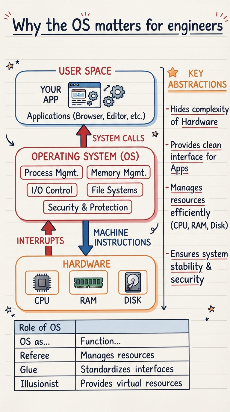 Handwritten notes: your app sitting on top of the OS, which sits on top of the CPU, RAM and disk hardware.