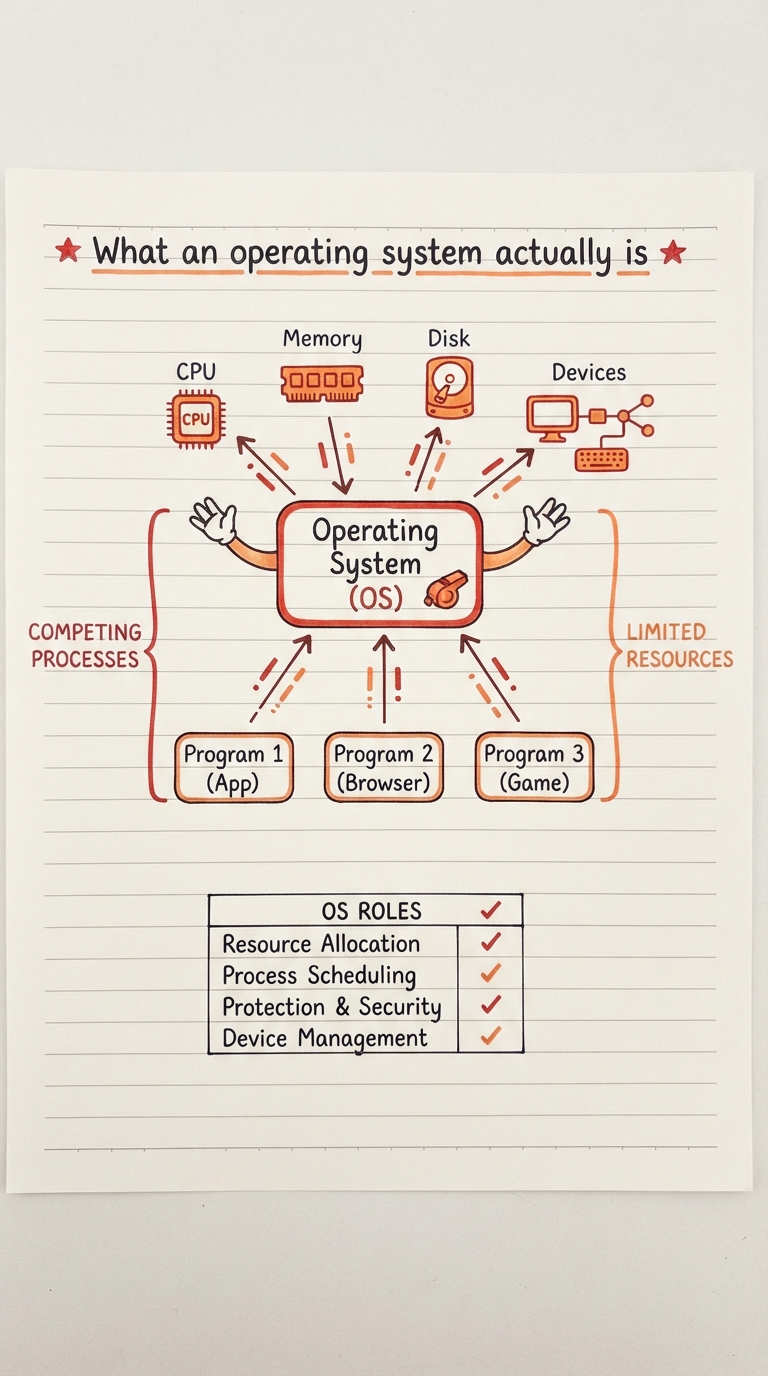 Handwritten diagram: the OS as a referee juggling CPU, memory, disk and devices between three competing programs.