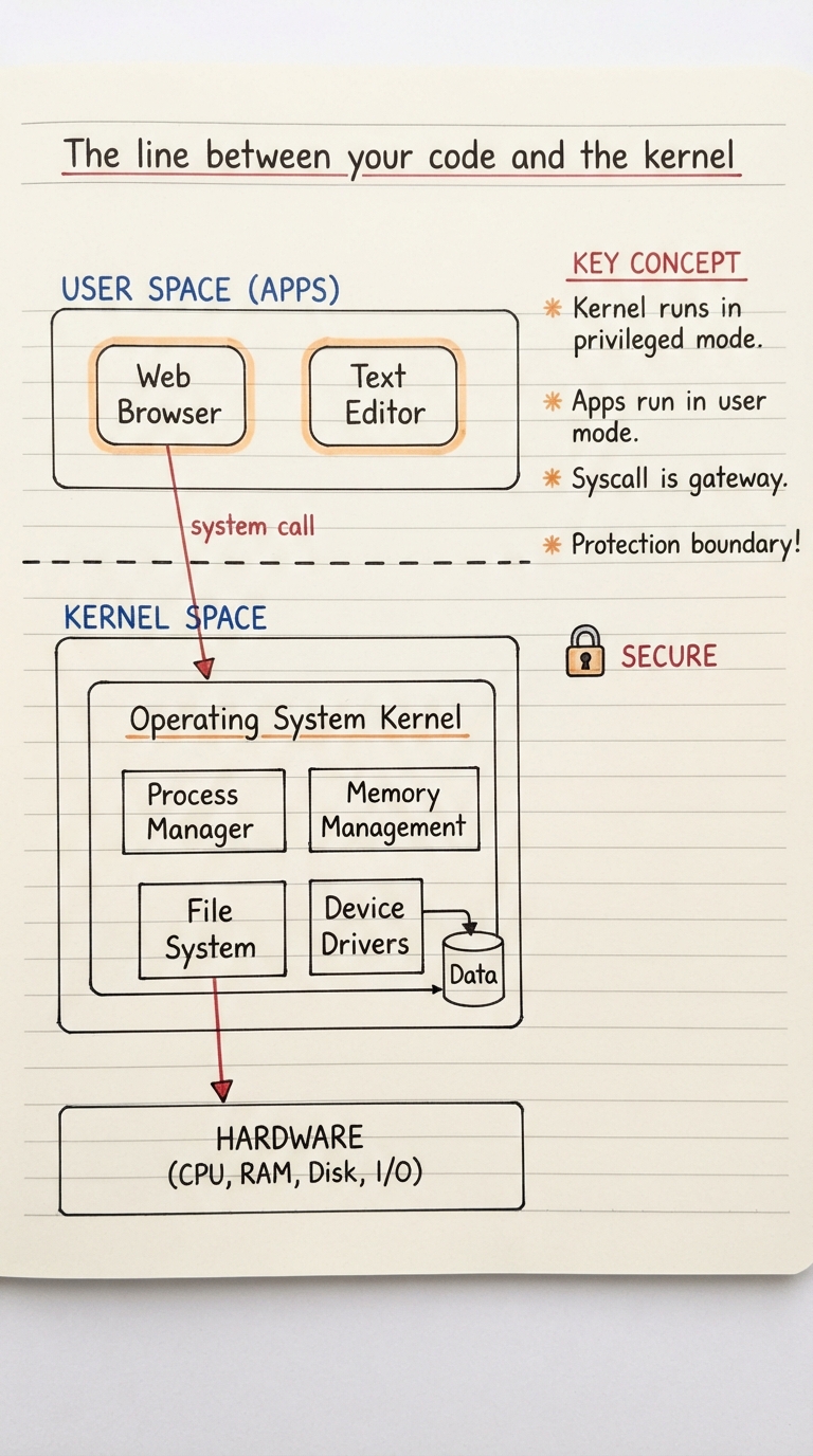 Handwritten diagram: user space (apps) above a dashed line, kernel space below it, a system call crossing the line down to hardware.