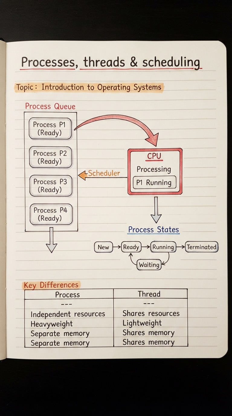 Handwritten notes: several process boxes waiting in a queue while a scheduler hands the single CPU to one at a time.