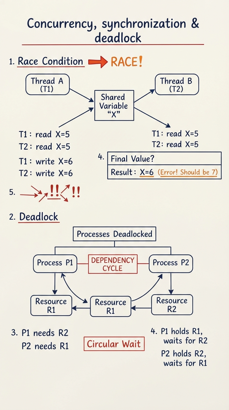Handwritten notes: two threads racing for the same variable, and two processes deadlocked each holding a resource the other needs.