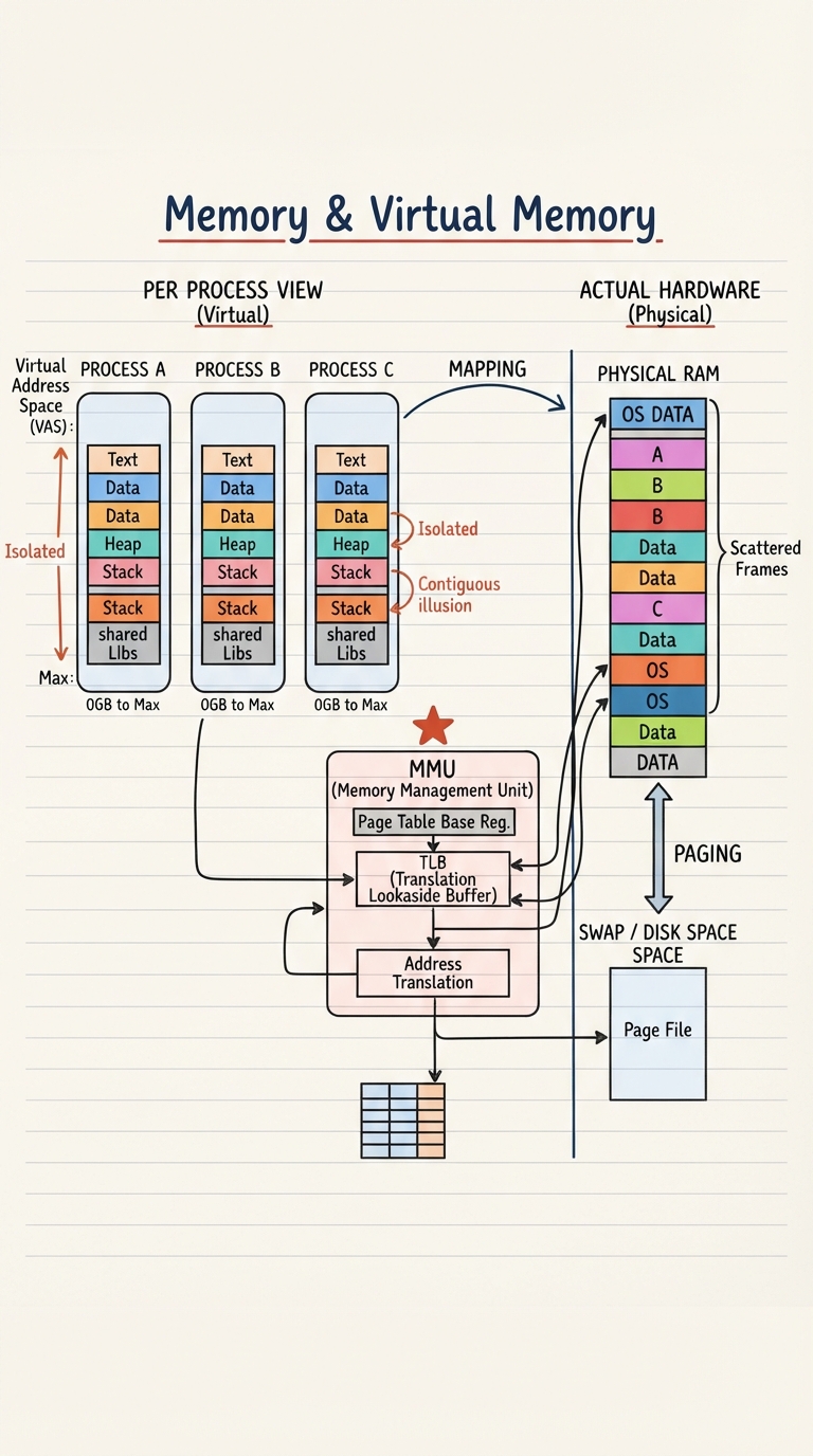 Handwritten diagram: each process seeing its own clean virtual address space, mapped by the MMU onto scattered physical RAM and disk.
