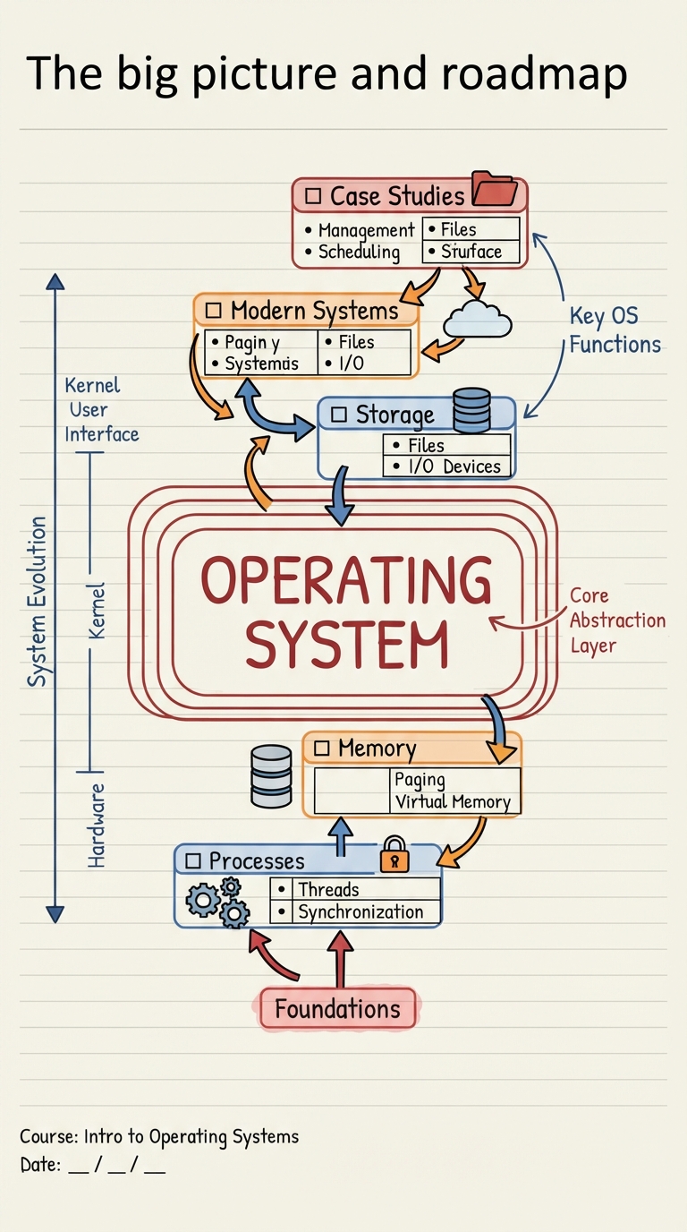 Handwritten roadmap: a path from Foundations up through Processes, Concurrency, Memory, Storage, Modern Systems to Case Studies, with checkboxes.